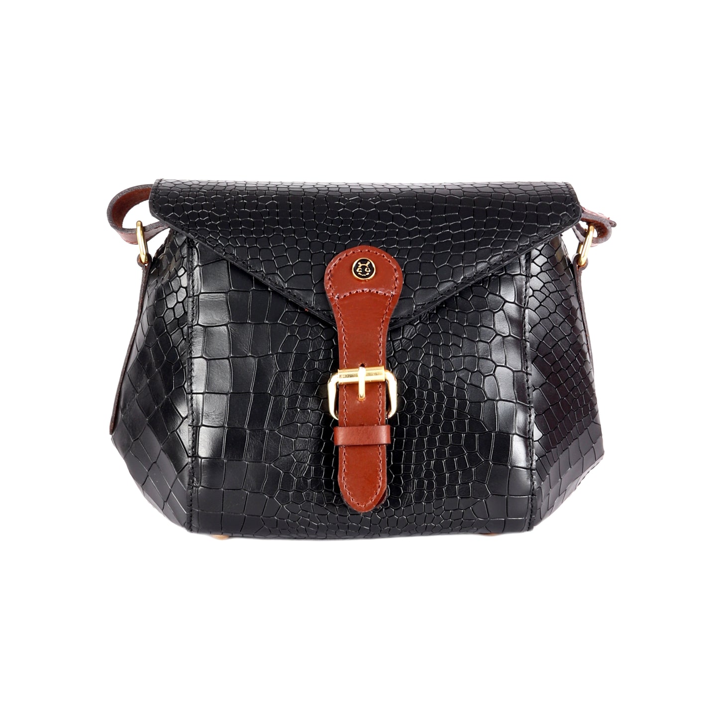 Dione Crocodile Pattern Black Leather Satchel - Chiti