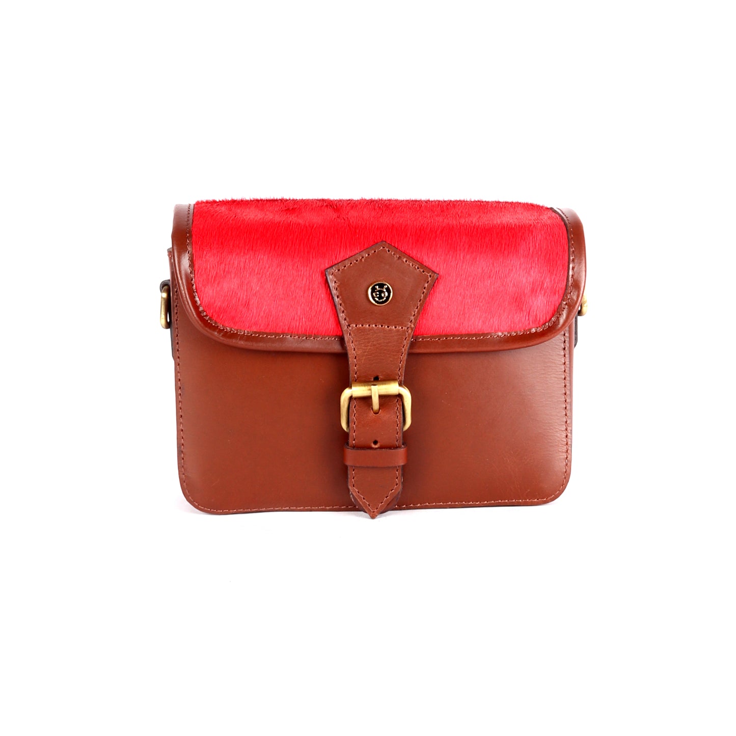 Triton Brown Leather Satchel with Hair-On Red Flap