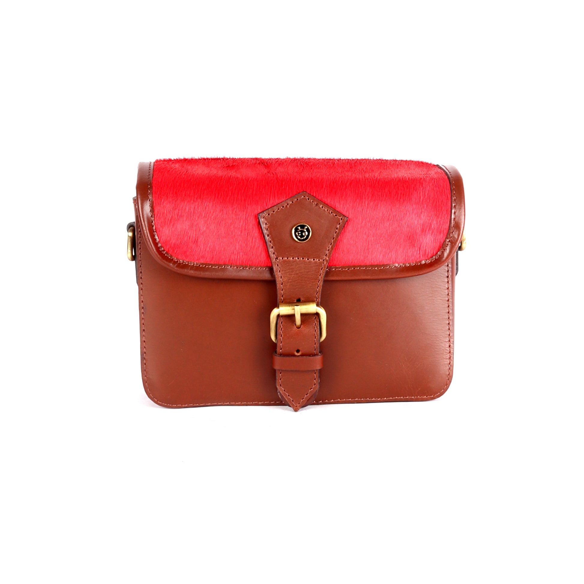 Triton Brown Leather Satchel with Hair-On Red Flap - Chiti
