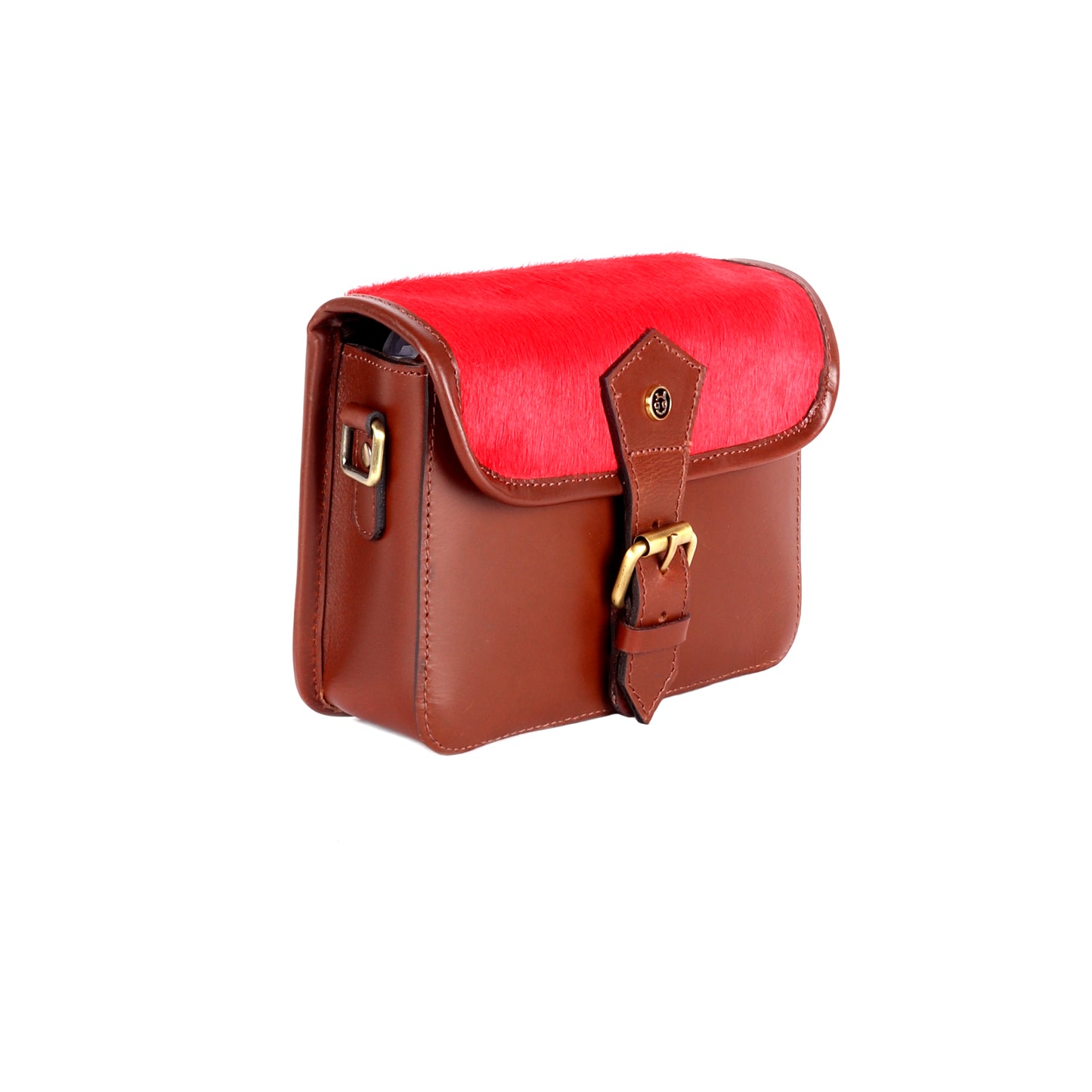 Triton Brown Leather Satchel with Hair-On Red Flap - Chiti