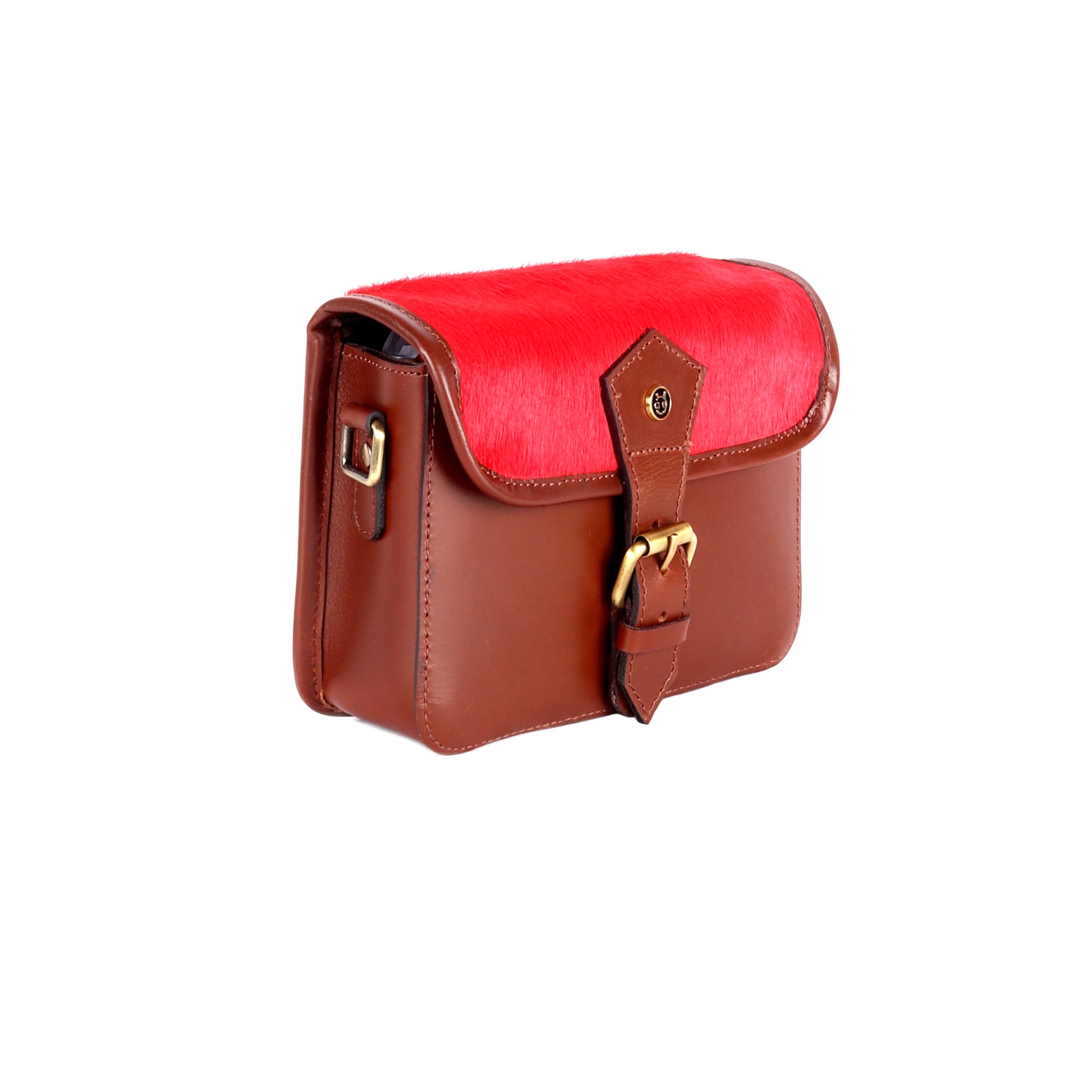 Triton Brown Leather Satchel with Hair-On Red Flap - Chiti