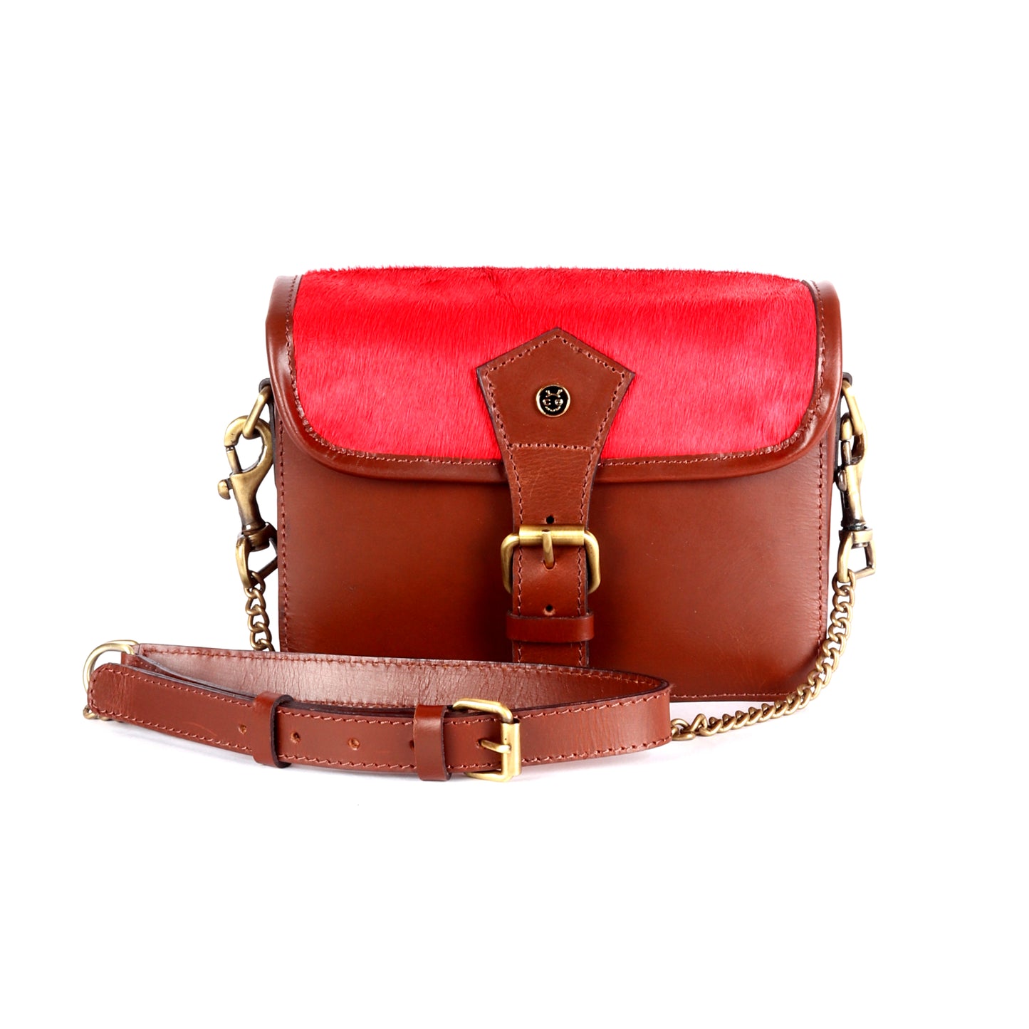 Triton Brown Leather Satchel with Hair-On Red Flap - Chiti