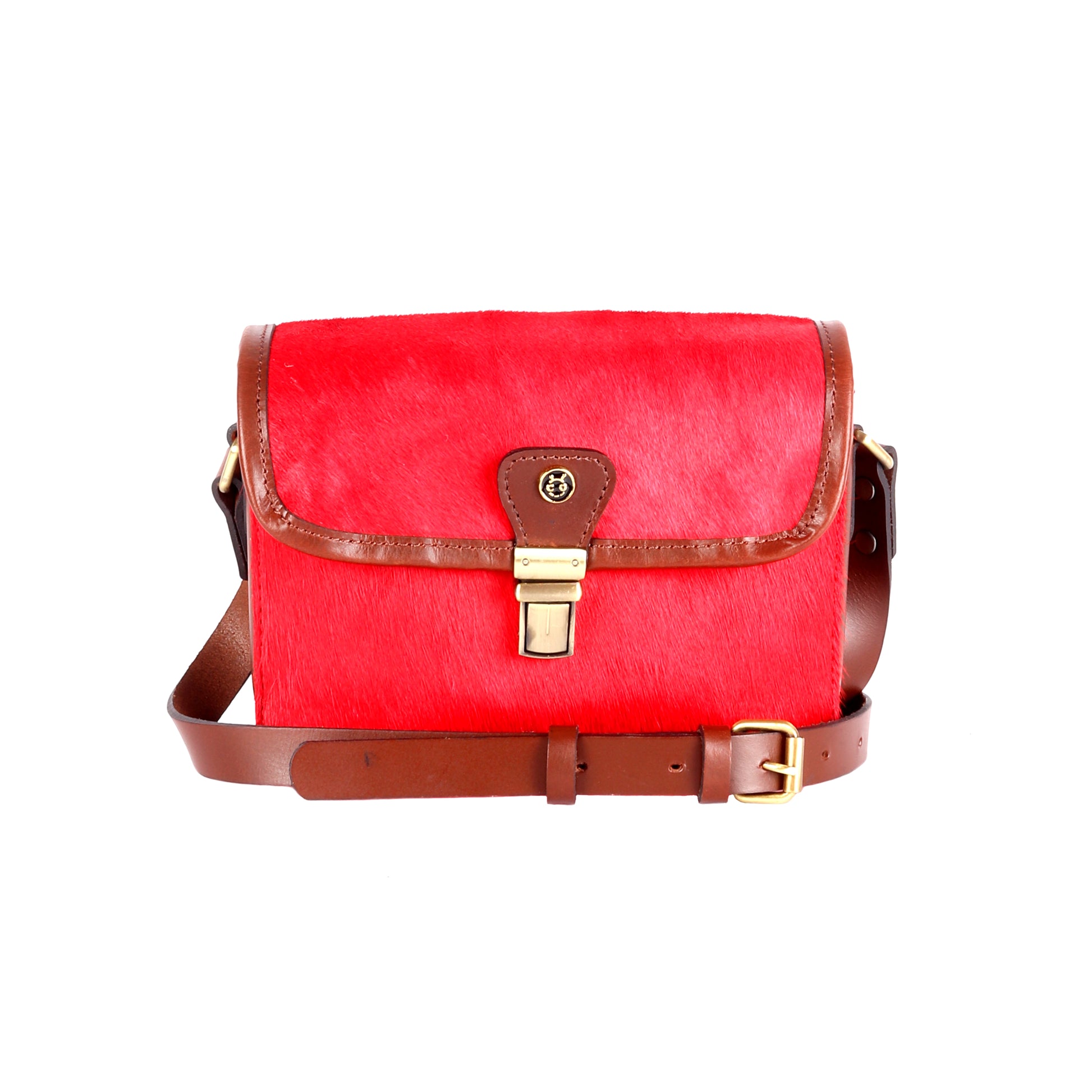 Triton Brown Leather Satchel with Hair-on Red Flap: A Daring Style