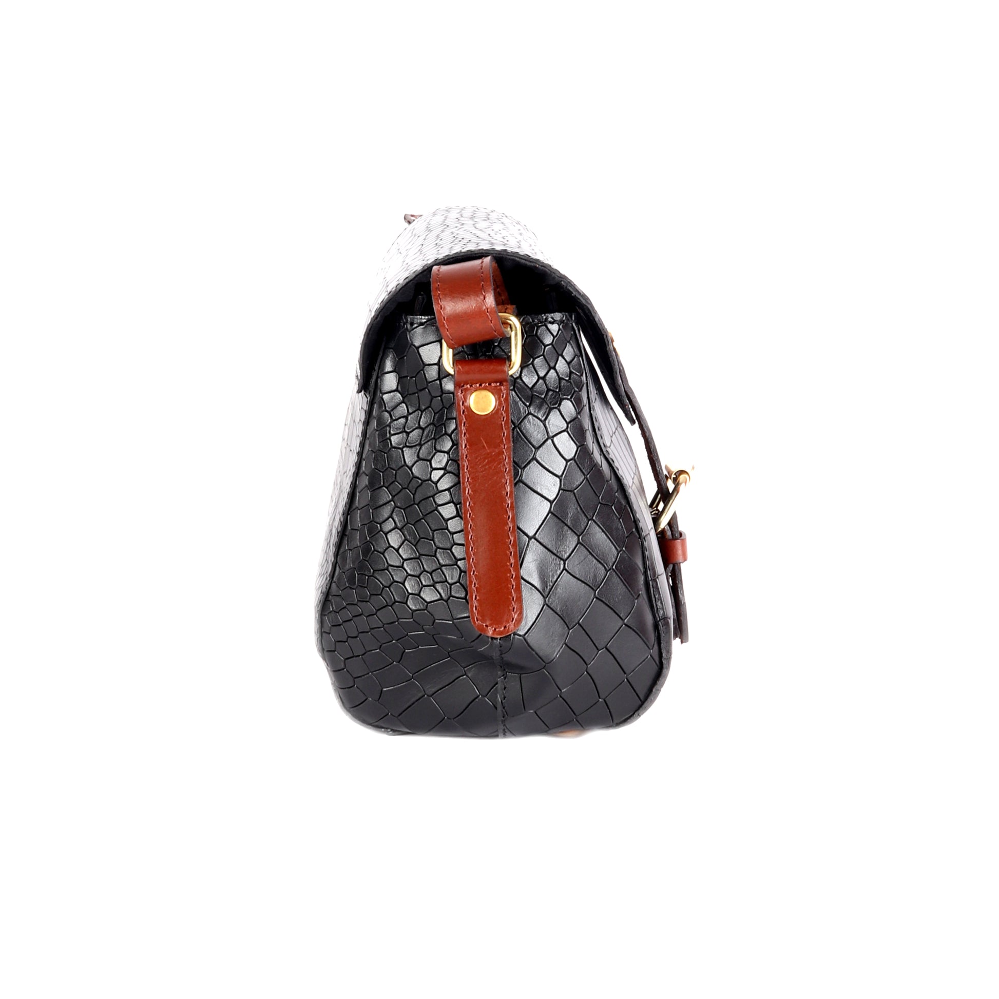 Dione Crocodile Pattern Black Leather Satchel - Chiti