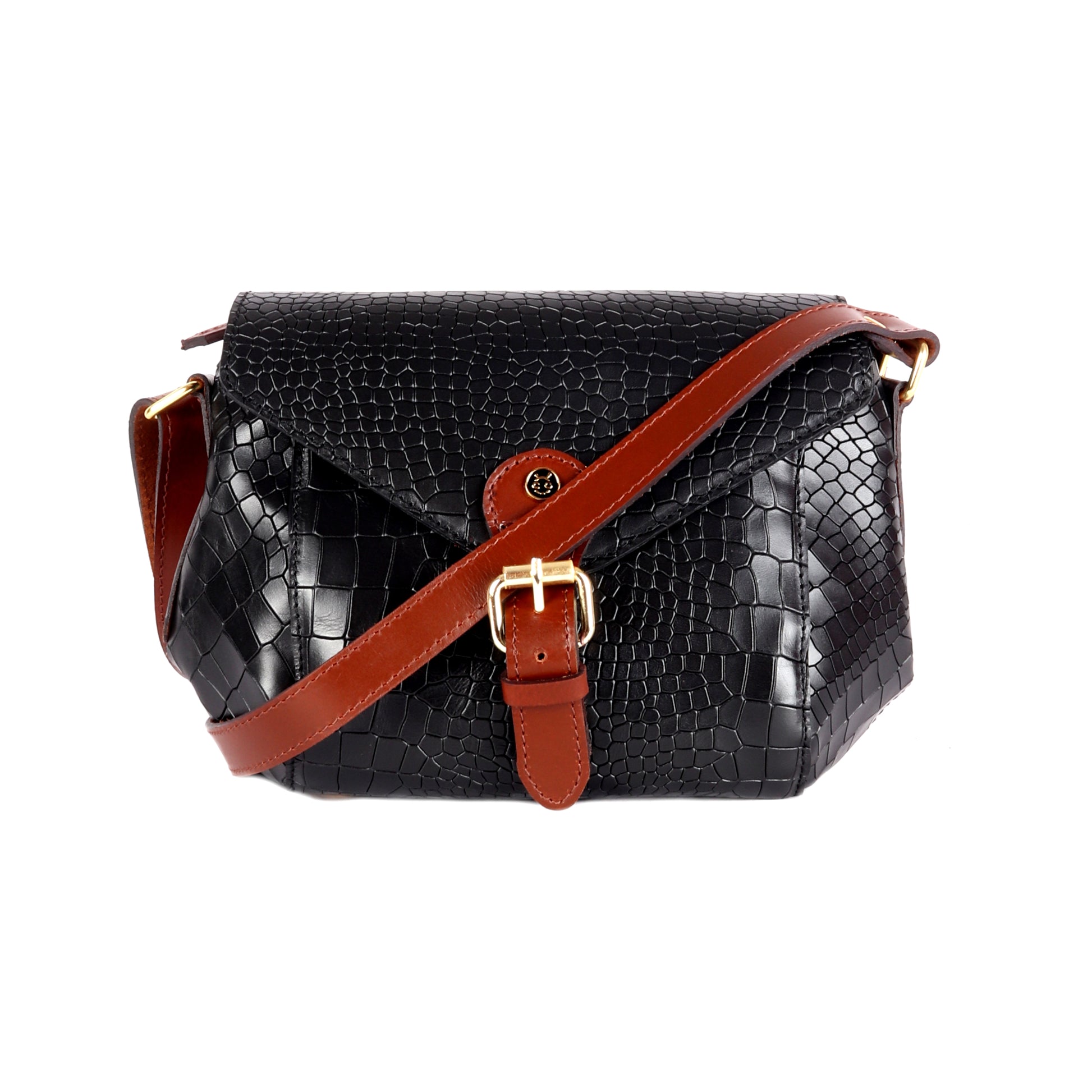 Dione Crocodile Pattern Black Leather Satchel - Chiti