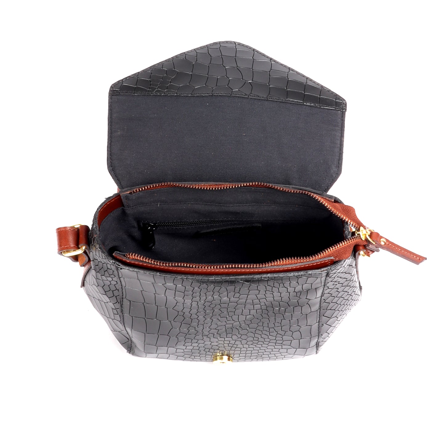 Dione Crocodile Pattern Black Leather Satchel - Chiti