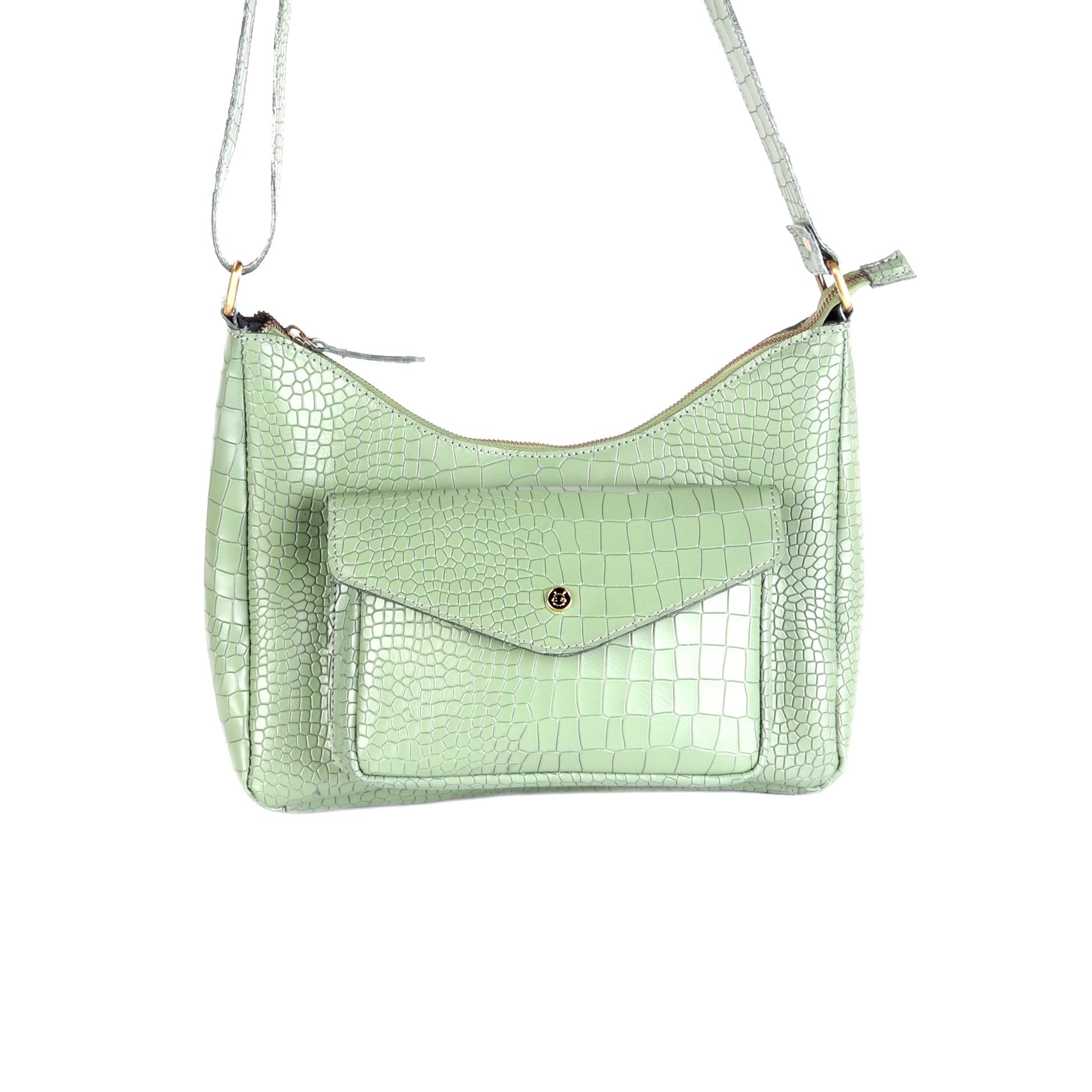 Ganymede: Crocodile Pattern Ocean Green Leather Handbag for Women