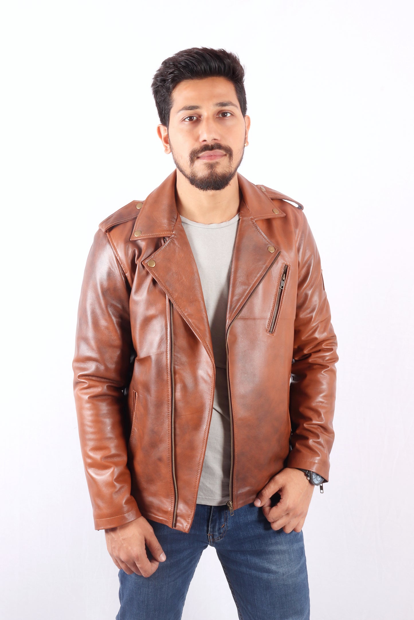 Maverick Moto Tan Brown Leather Jacket - Chiti