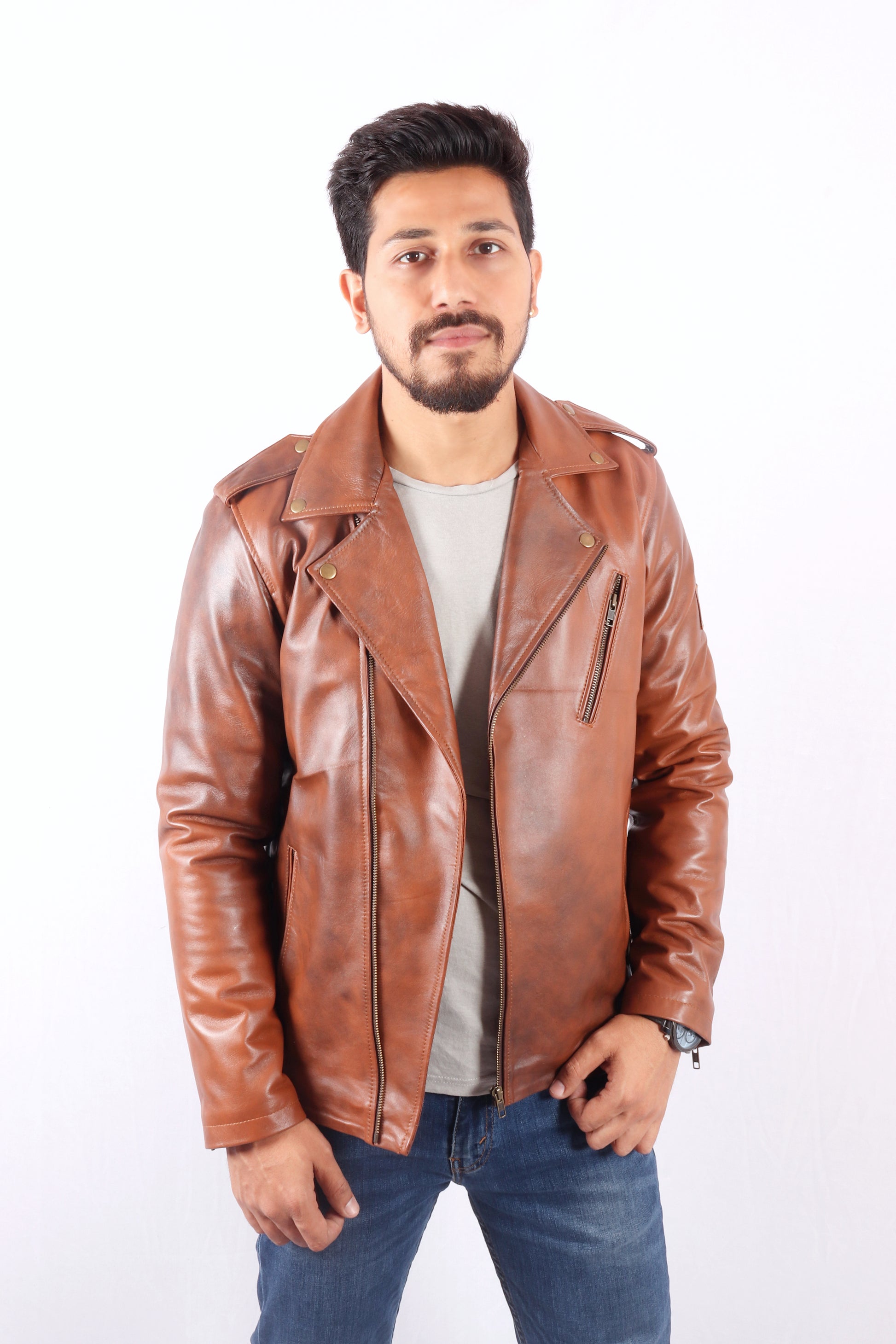 Maverick Moto Tan Brown Leather Jacket - Chiti