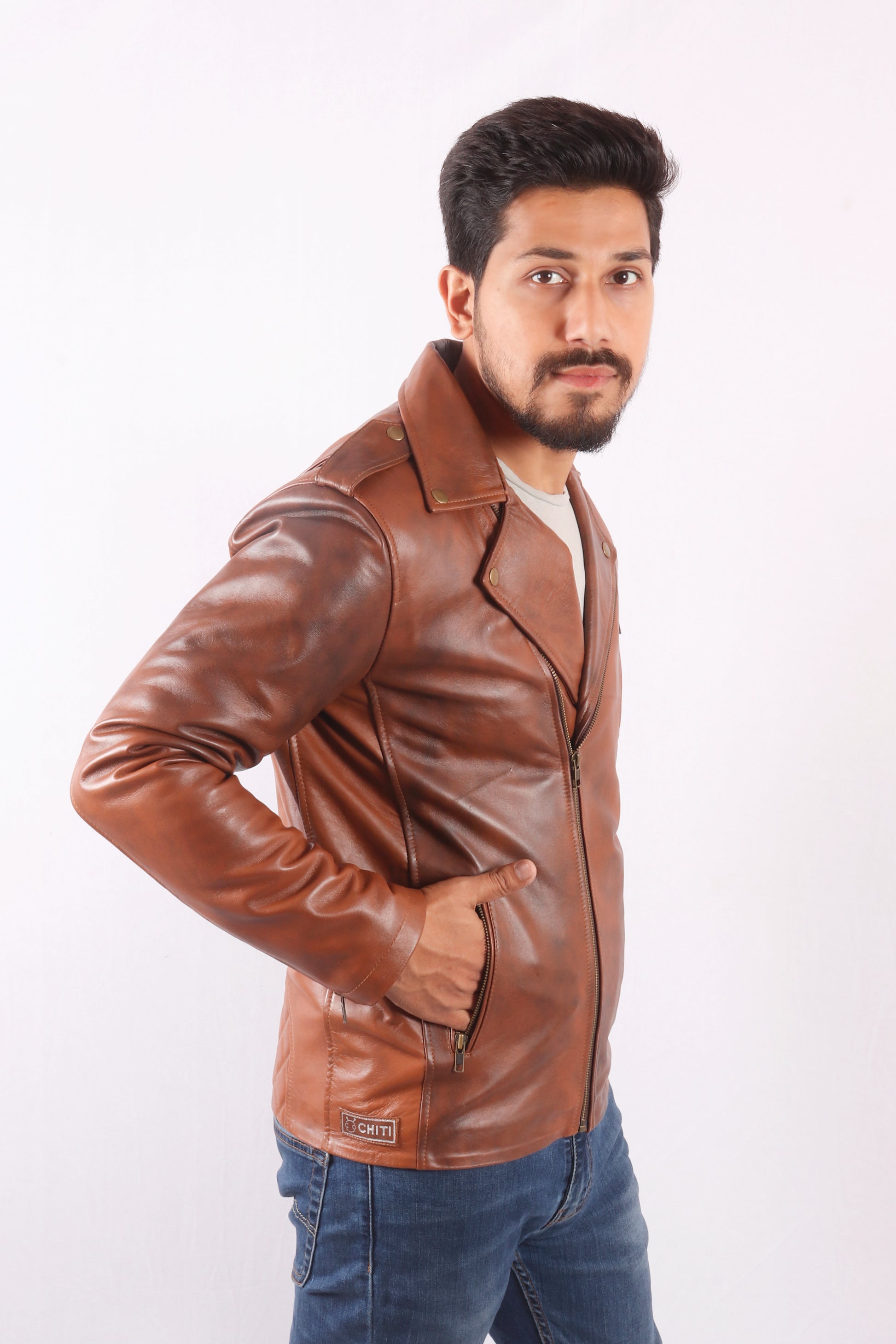 Maverick Moto Tan Brown Leather Jacket - Chiti