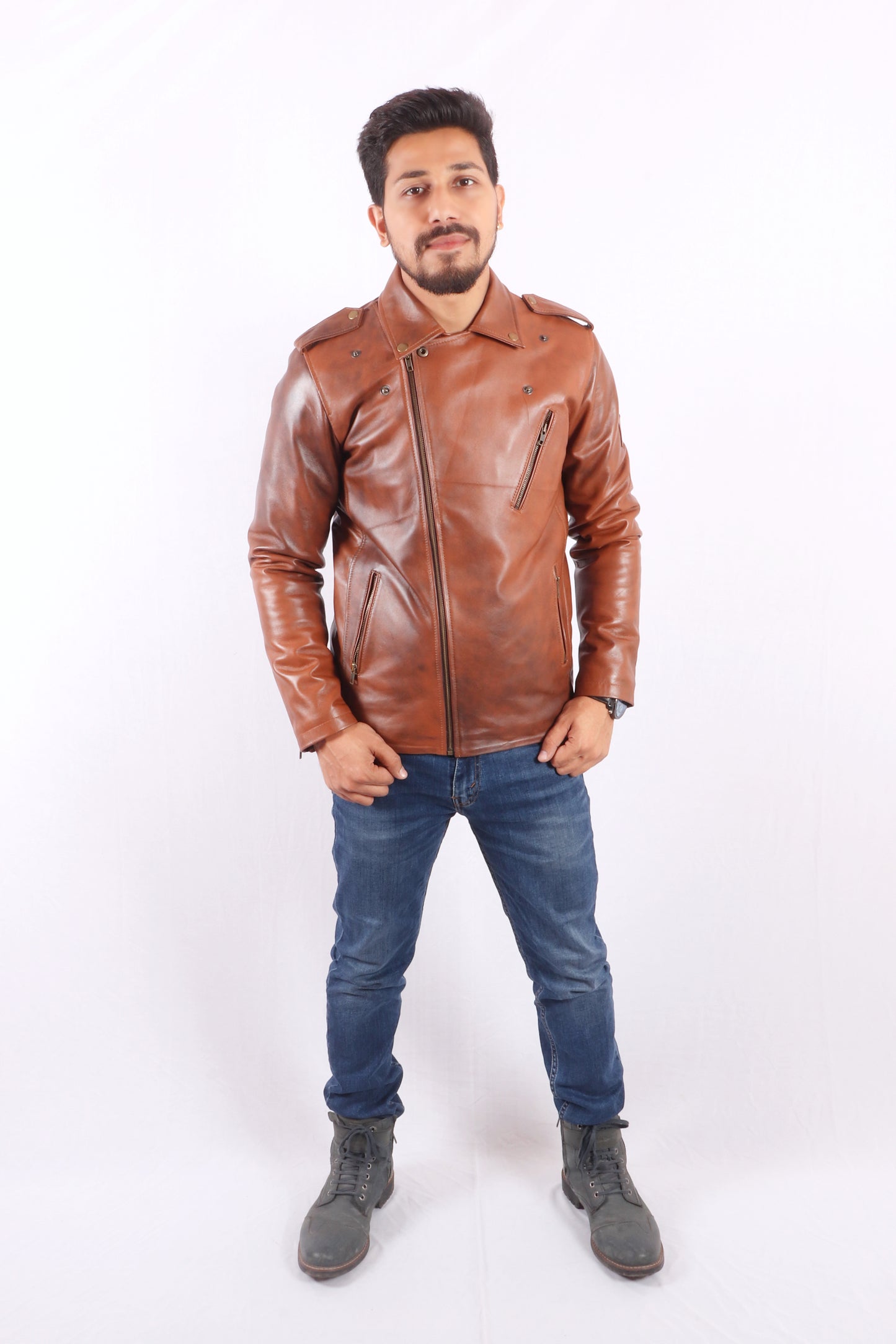 Maverick Moto Tan Brown Leather Jacket - Chiti