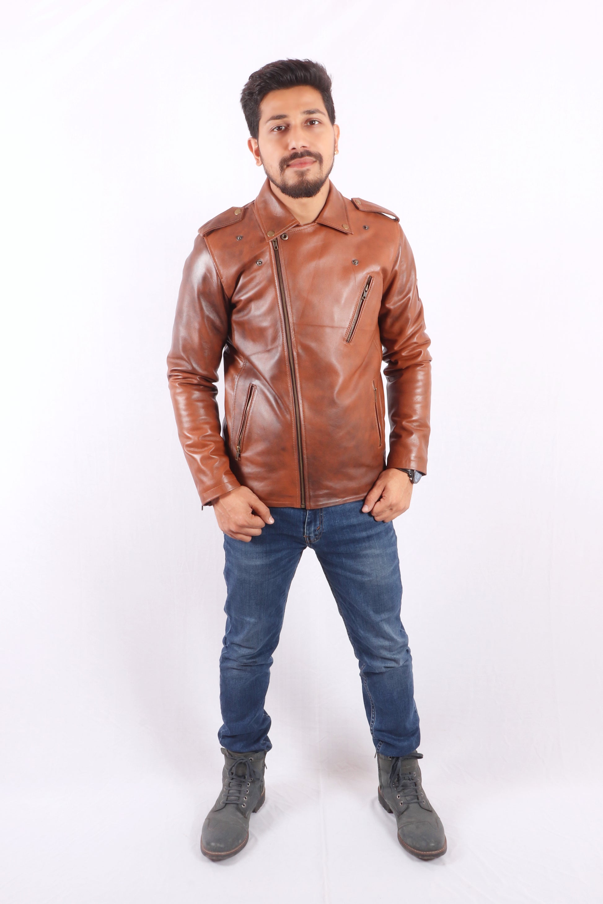Maverick Moto Tan Brown Leather Jacket - Chiti