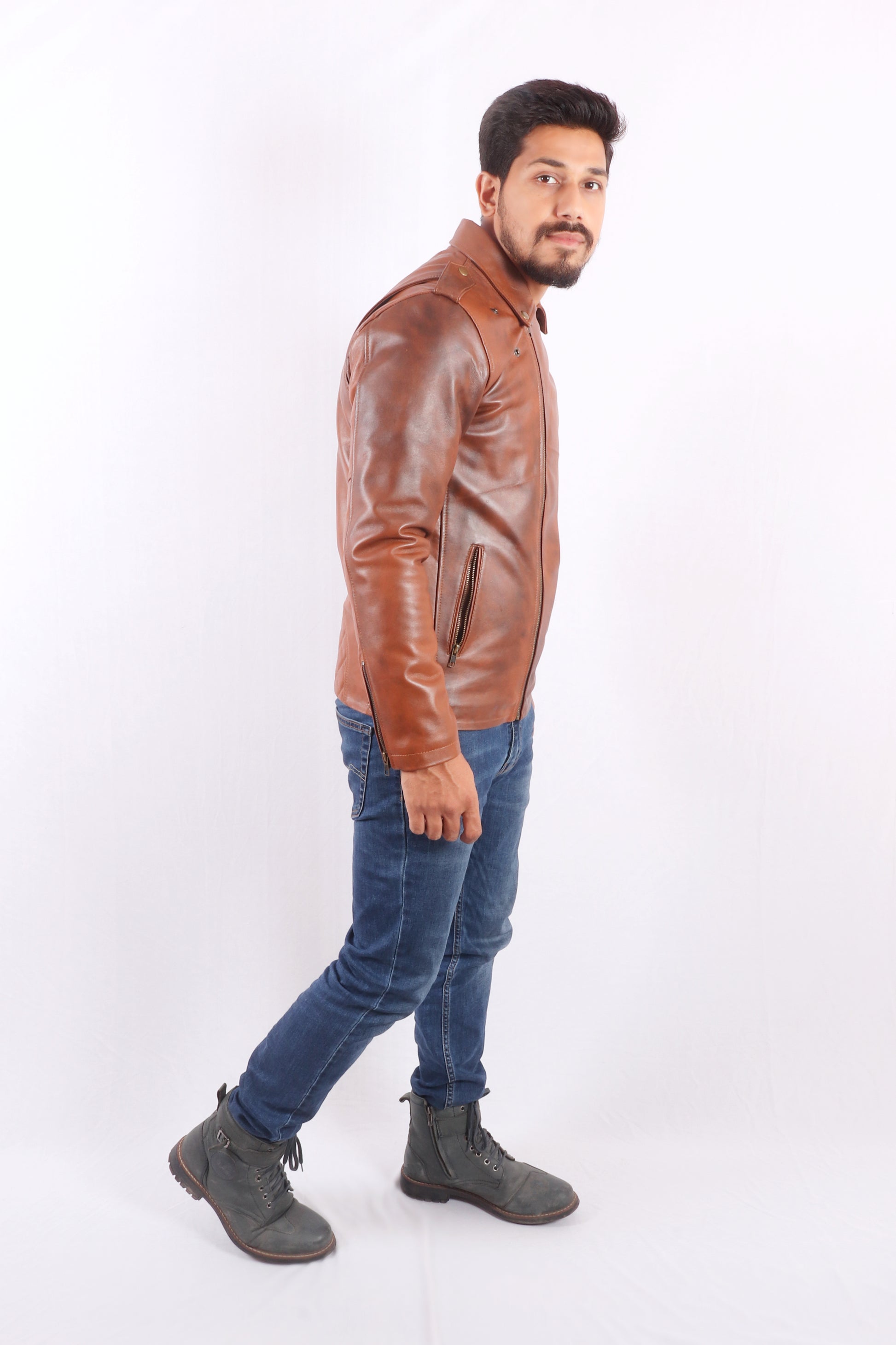 Maverick Moto Tan Brown Leather Jacket - Chiti