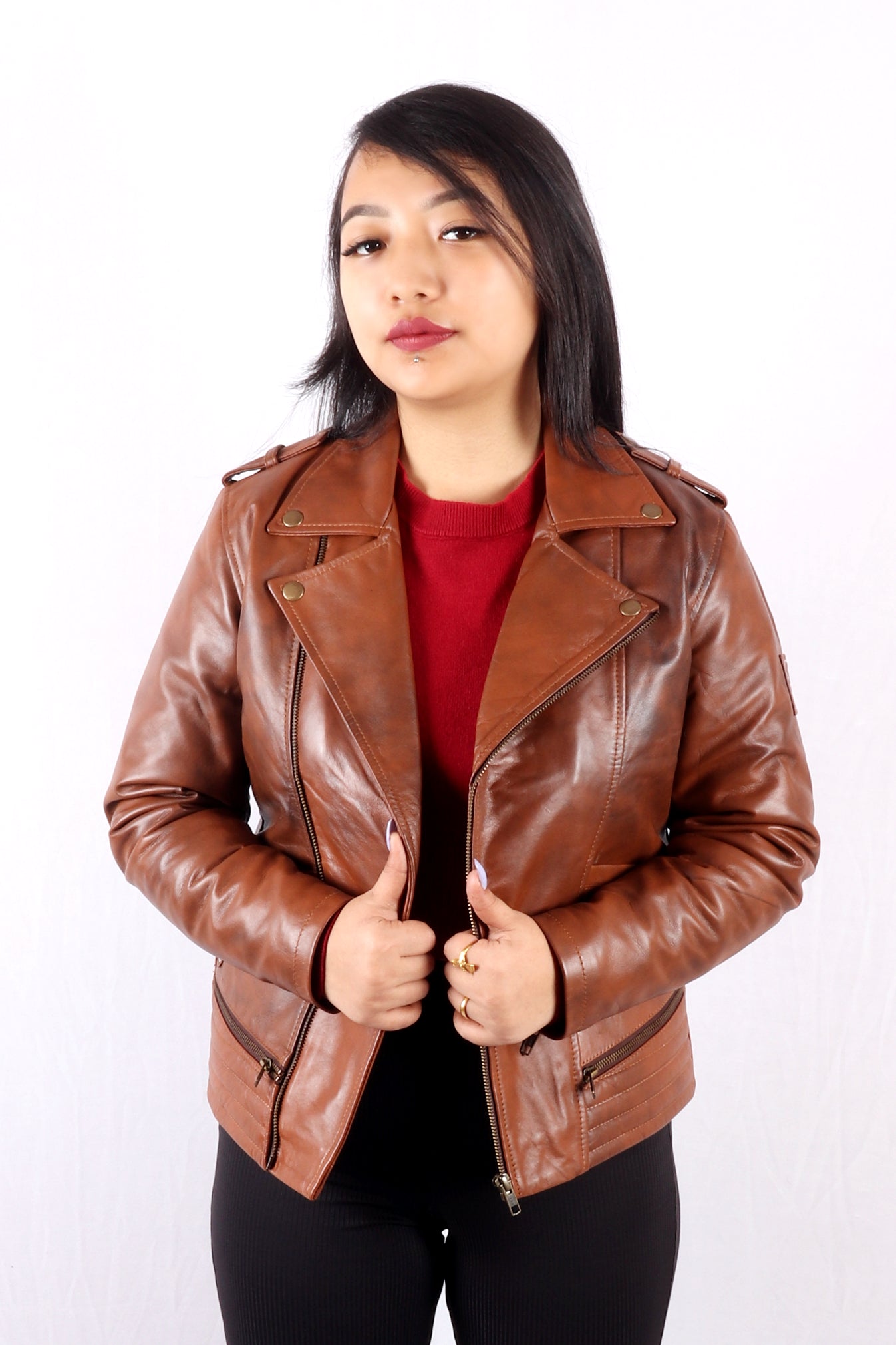 Midnight Racer Femme Tan Brown Leather Jacket - Chiti