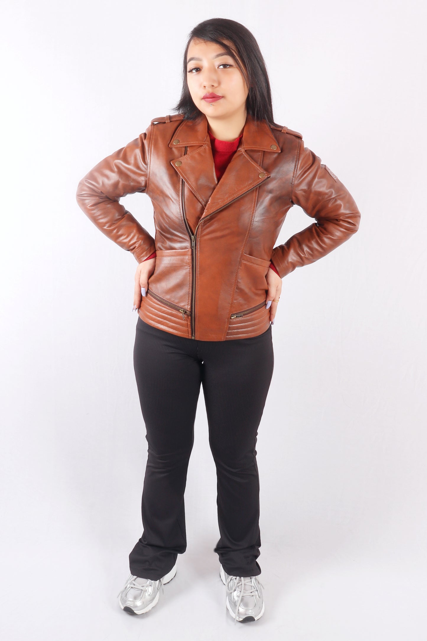 Midnight Racer Femme Tan Brown Leather Jacket - Chiti